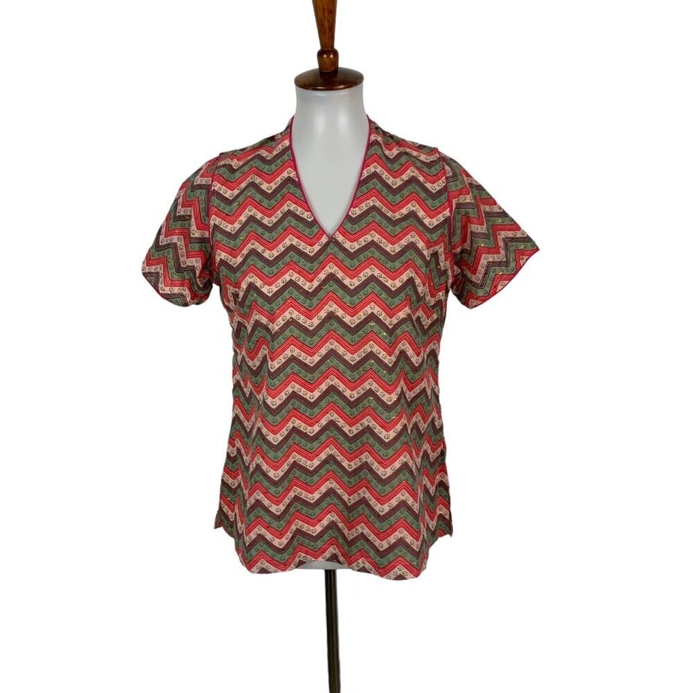 Biba Boho Top 36 Short‎ Sleeve V Neck Retro Multicolor Lightweight